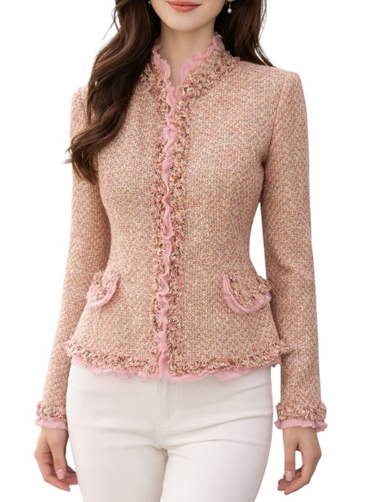 Dana Buchman Vintage Pink Orange Tweed Fringe Pink Ruffle Blazer - 6 P